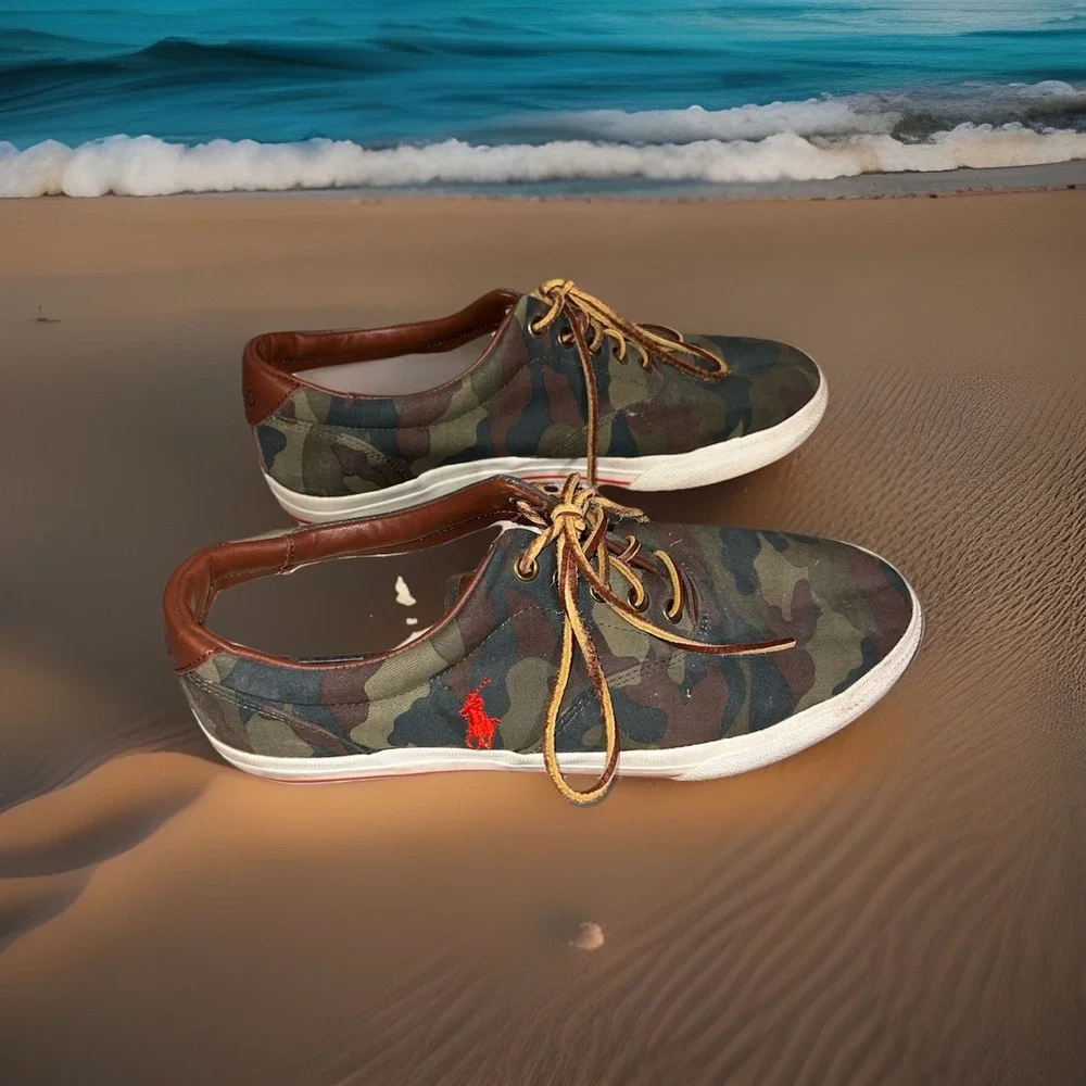 Polo Ralph Lauren Boat Shoes Leather Canvas 10.5D  Vaughn Camo Print Loafers Men